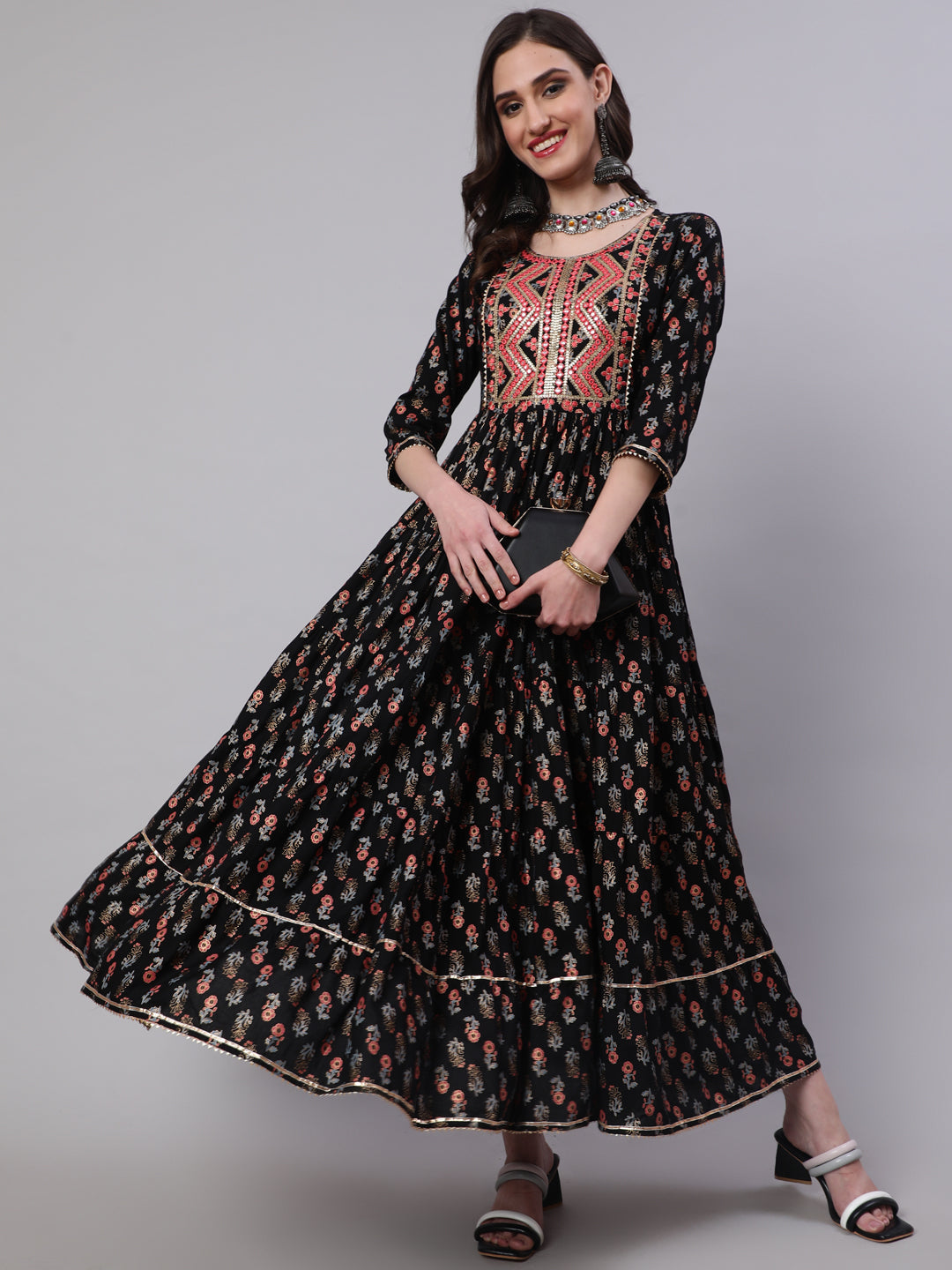 Rayon Embroidered Front slit 3/4 Sleeves Calf Kurta - Image 4