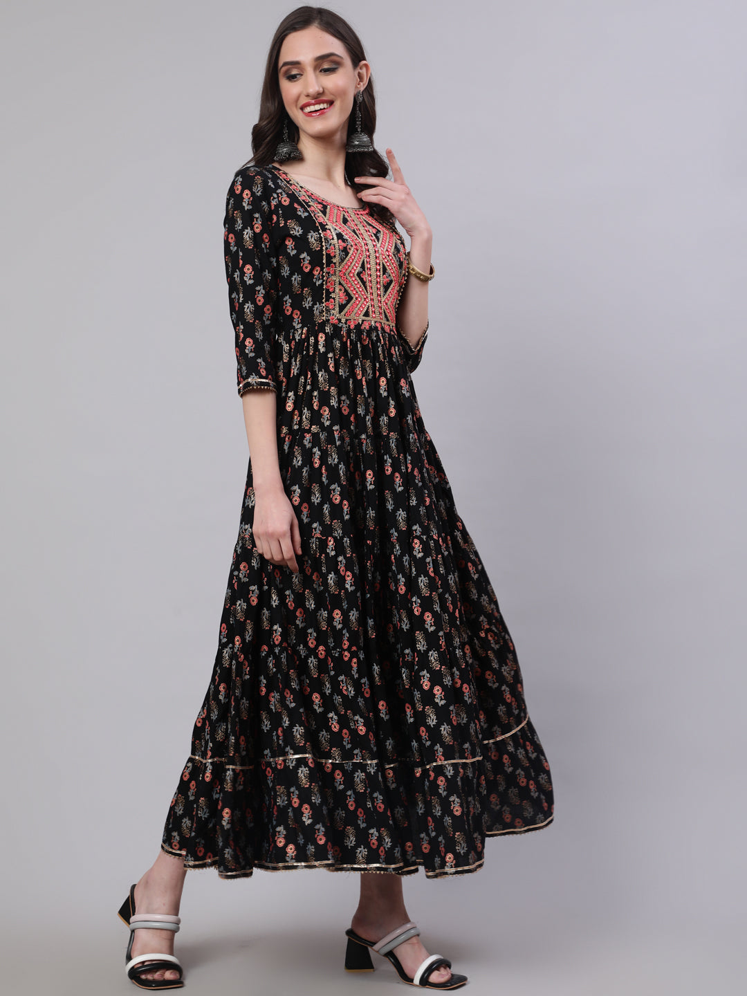 Rayon Embroidered Front slit 3/4 Sleeves Calf Kurta - Image 5