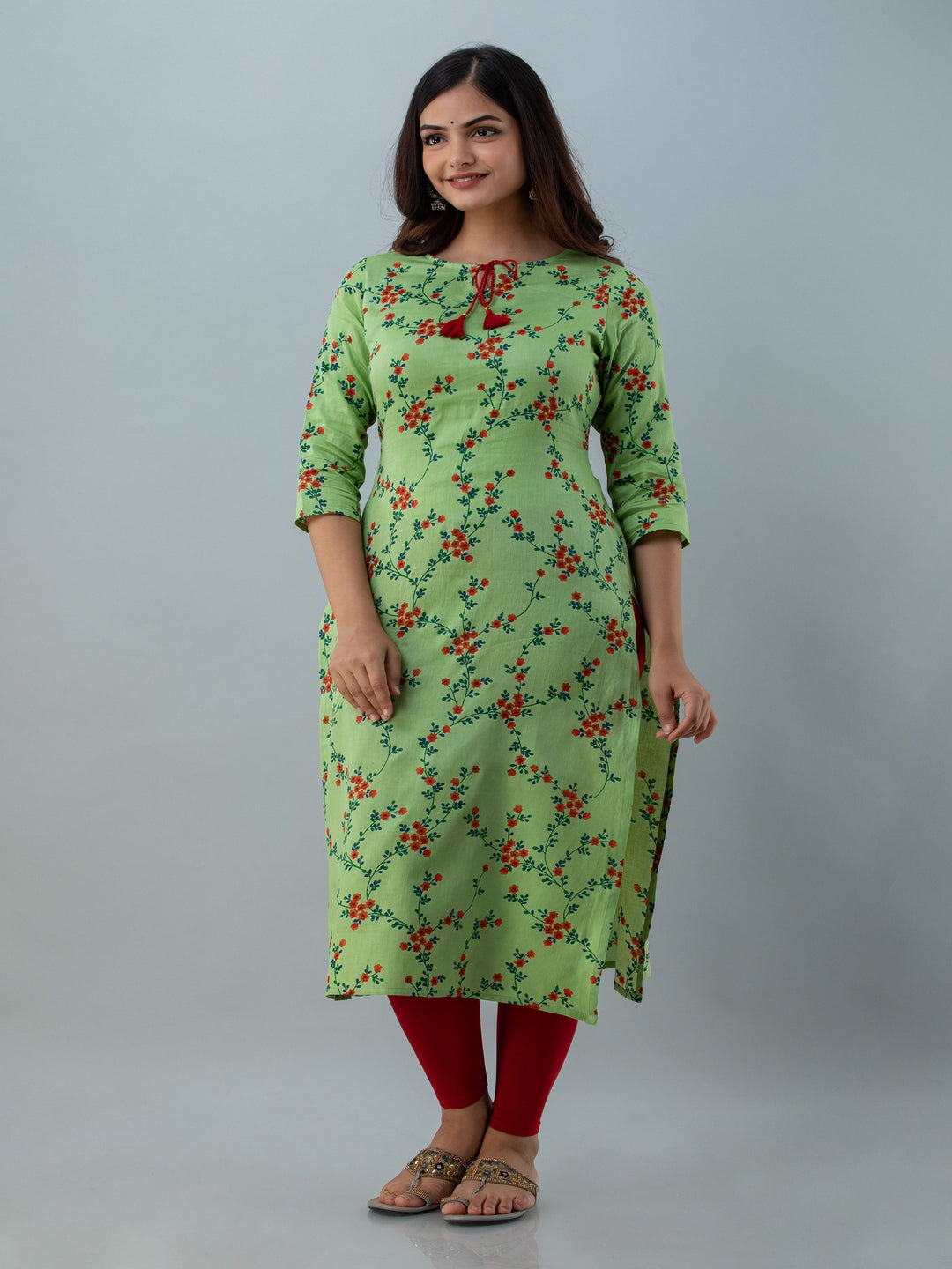 Floral Print Straight Kurta (Green) - Image 2
