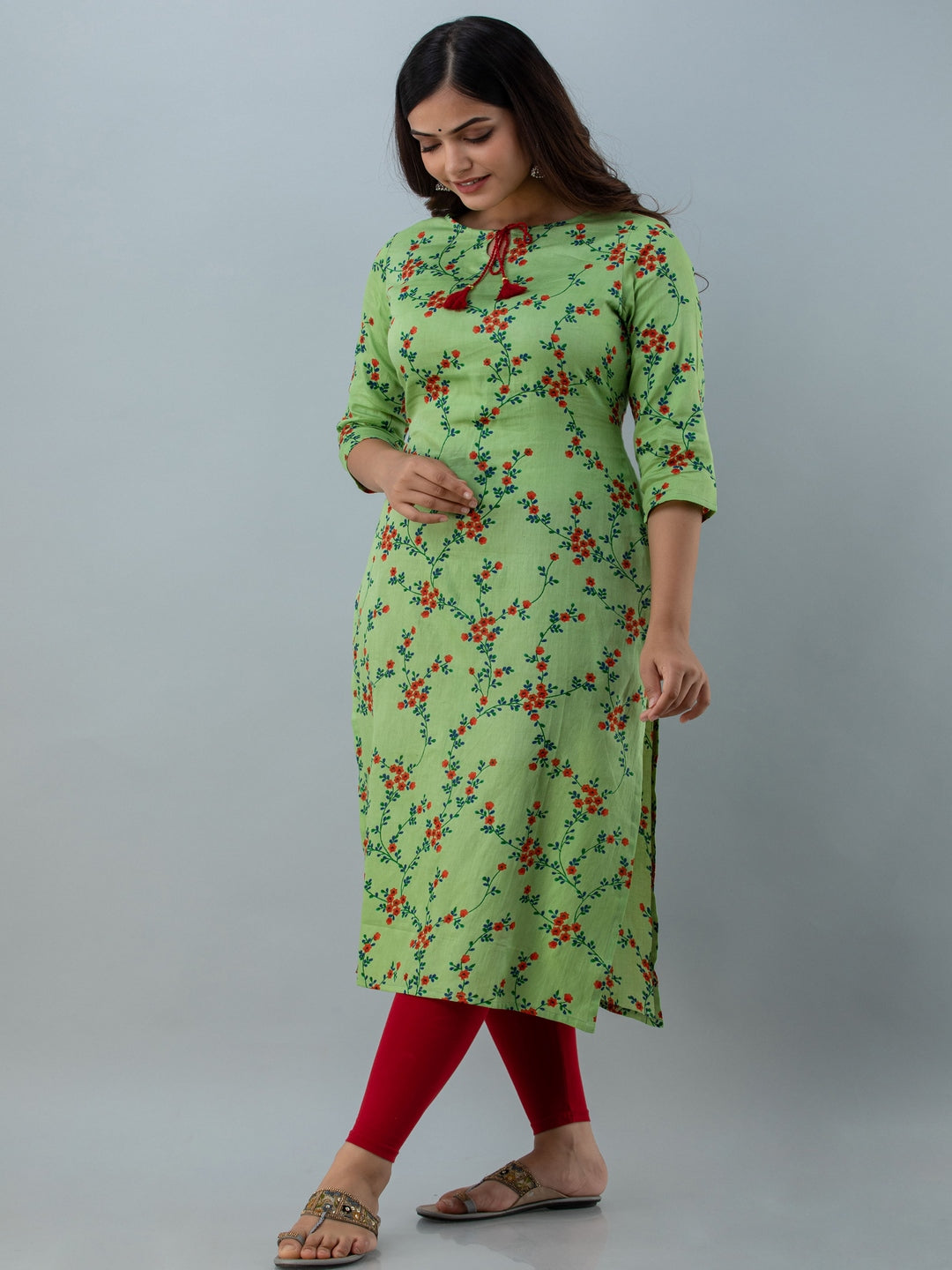 Floral Print Straight Kurta (Green) - Image 3