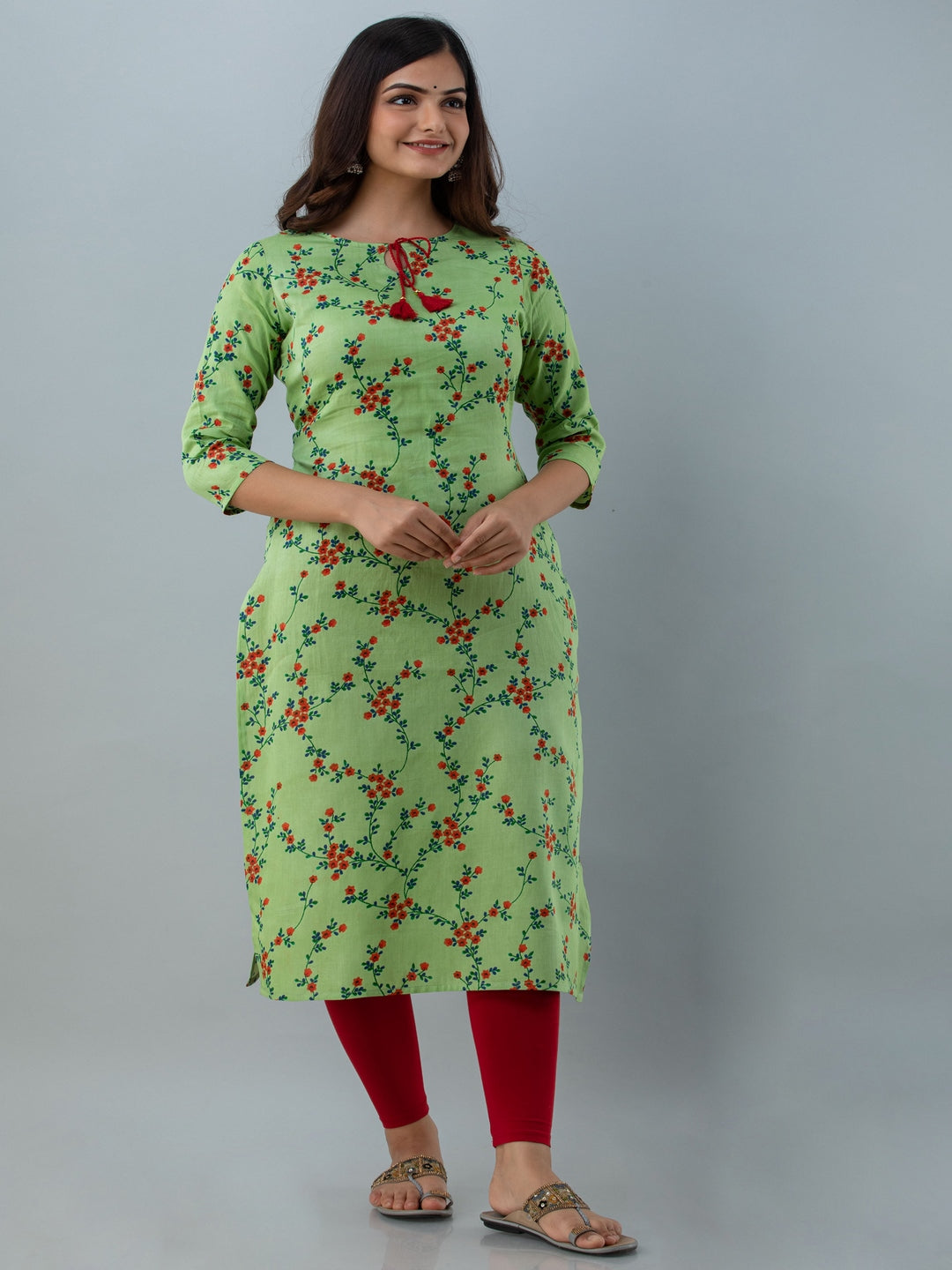 Floral Print Straight Kurta (Green) - Image 4
