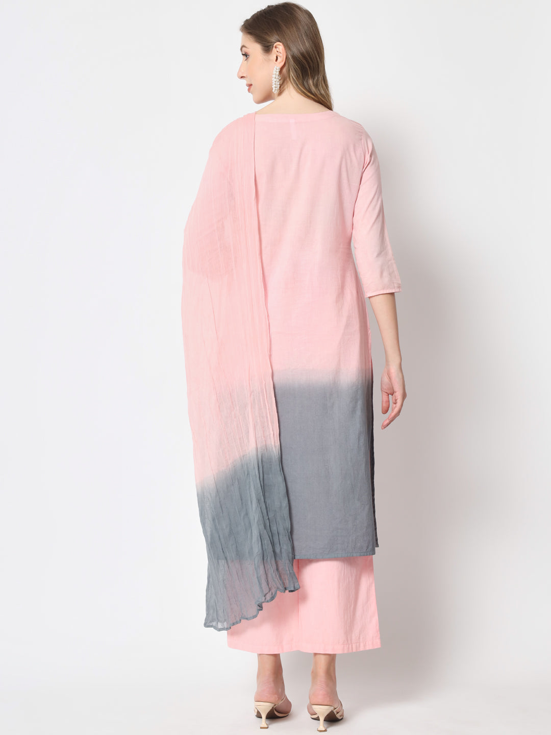 Cotton Tie And Dye Flared Kurta Palazzo Dupatta Set (Light Pink) - Image 4