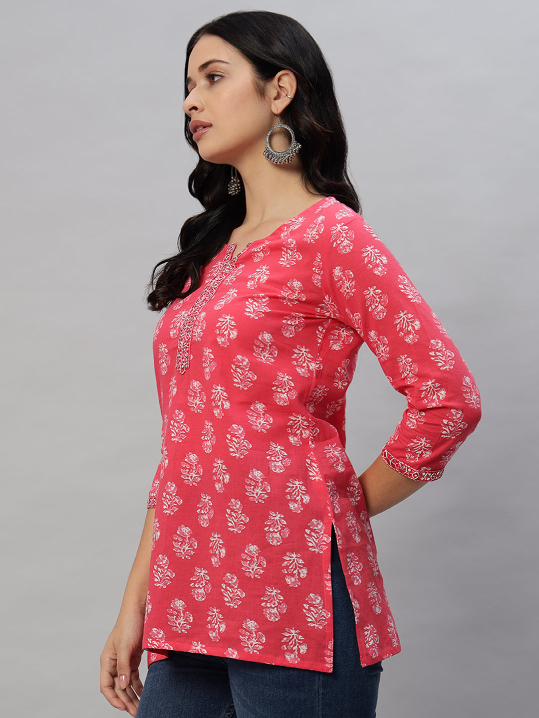 Cotton Straight Printed Red Kurta Ethnic Wear - Image 4