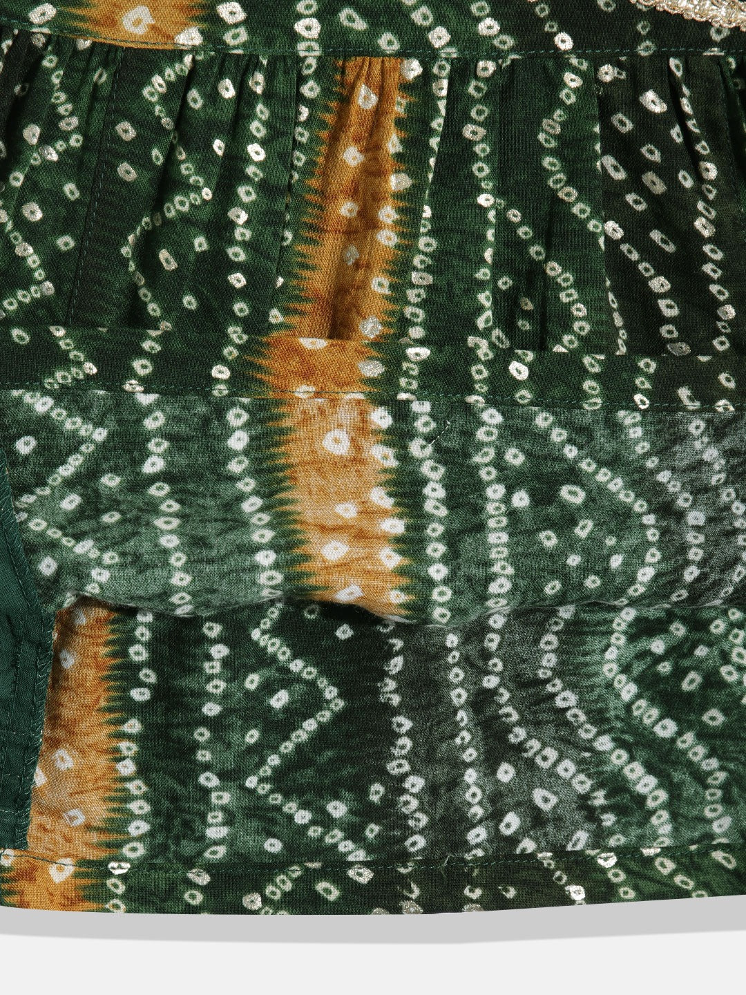 Frock Style Rayon Fabric Green Color Bandhej Printed Kurti And Pyjama With Gotta Lace Work - Image 4