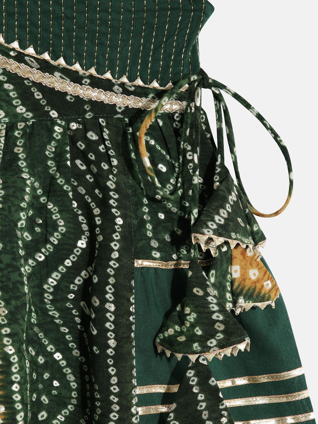 Frock Style Rayon Fabric Green Color Bandhej Printed Kurti And Pyjama With Gotta Lace Work - Image 5