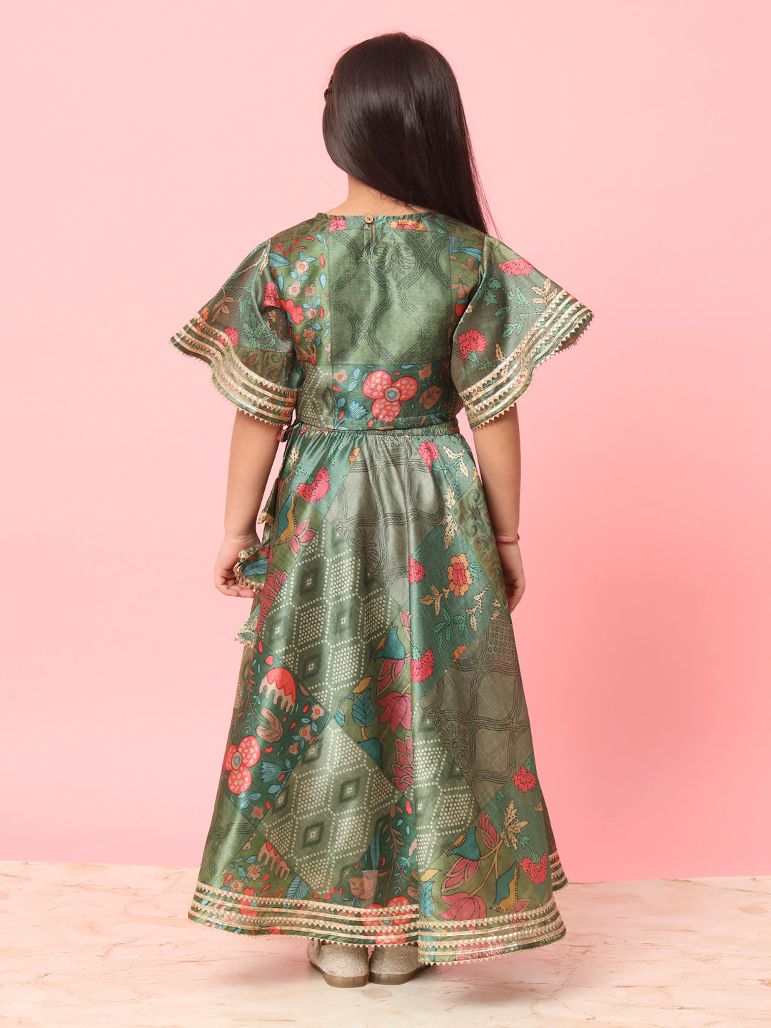 Straight Style Art Silk Fabric Green Color Printed Lehenga Choli With Gotta Lace Work - Image 3