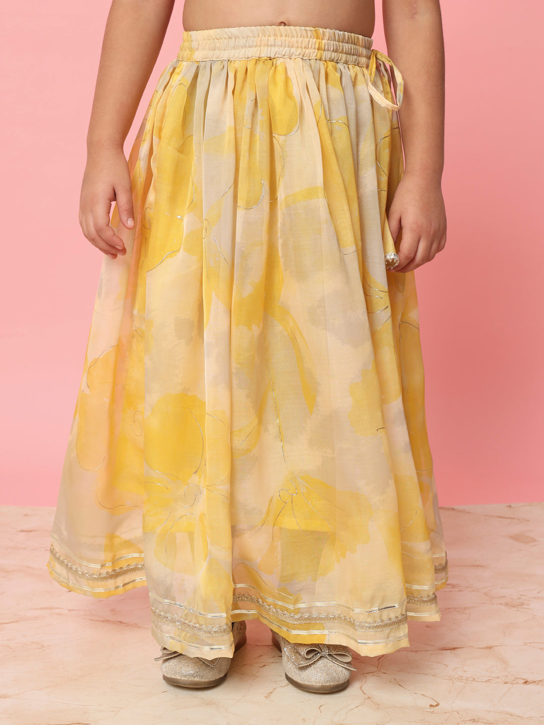Straight Style Organza Fabric Yellow Color Floral Printed Lehenga Choli With Gotta Lace Work - Image 5