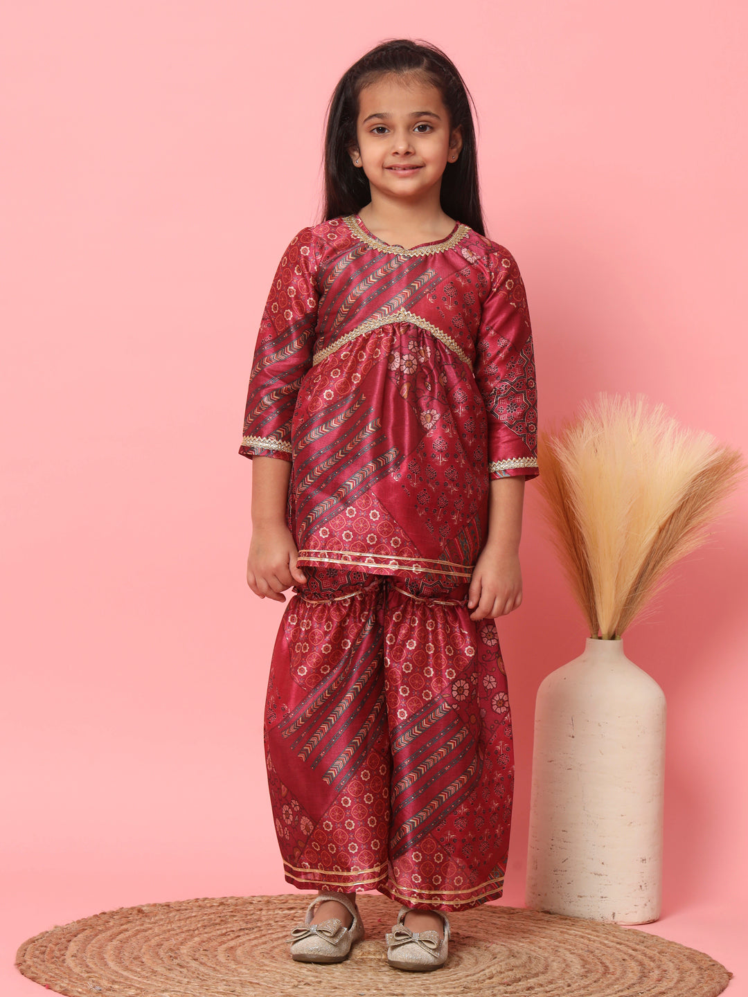Girls Frock Style Art Silk Fabric Maroon Color Floral Printed Kurti And Sharara With Gotta Lace Work