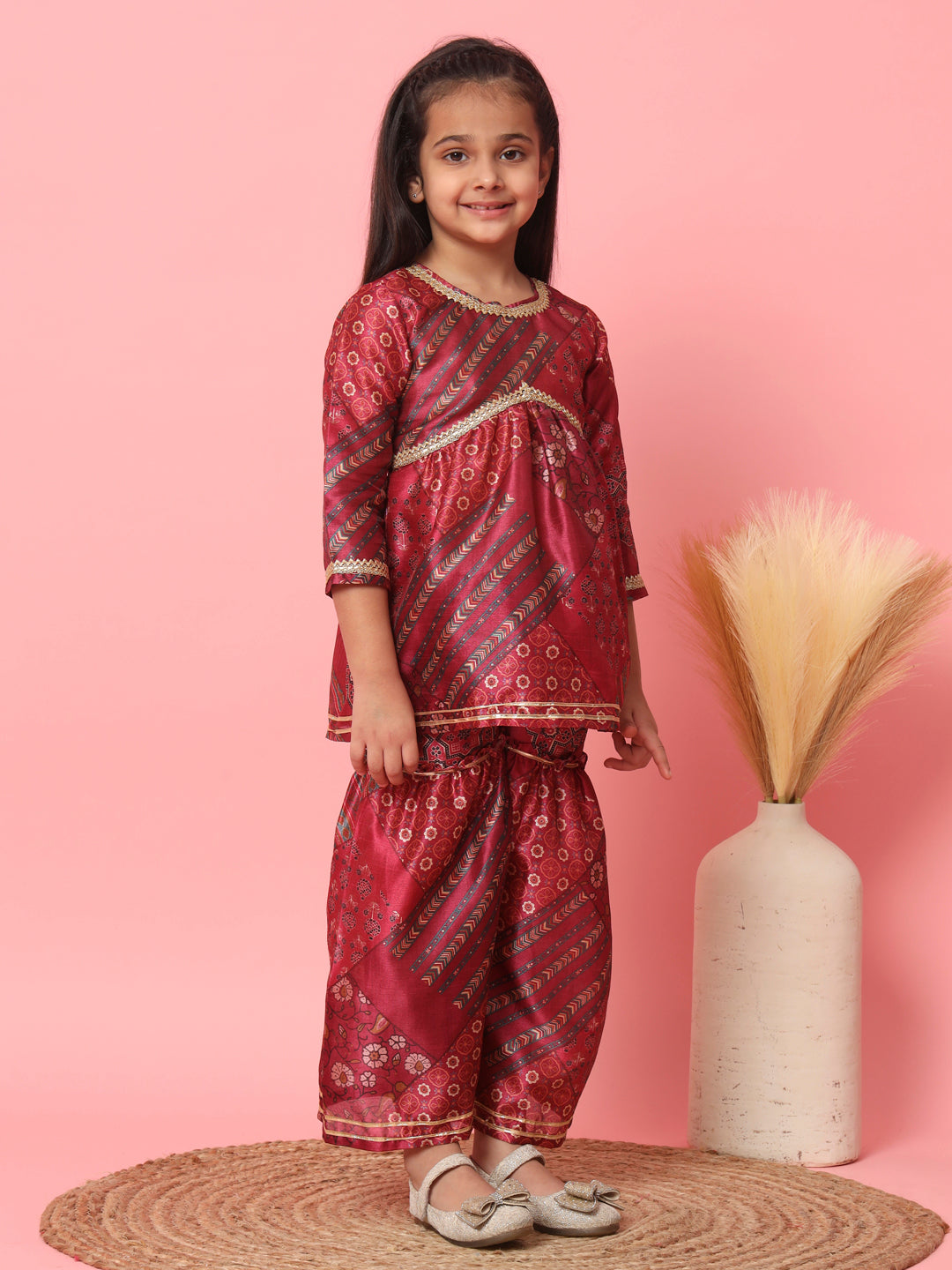 Girls Frock Style Art Silk Fabric Maroon Color Floral Printed Kurti And Sharara With Gotta Lace Work - Image 2