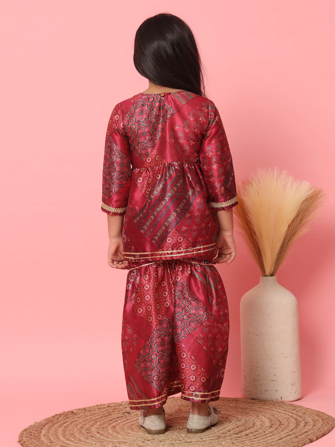 Girls Frock Style Art Silk Fabric Maroon Color Floral Printed Kurti And Sharara With Gotta Lace Work - Image 3