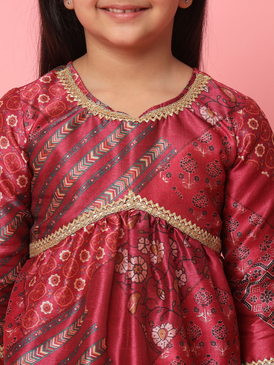 Girls Frock Style Art Silk Fabric Maroon Color Floral Printed Kurti And Sharara With Gotta Lace Work - Image 4