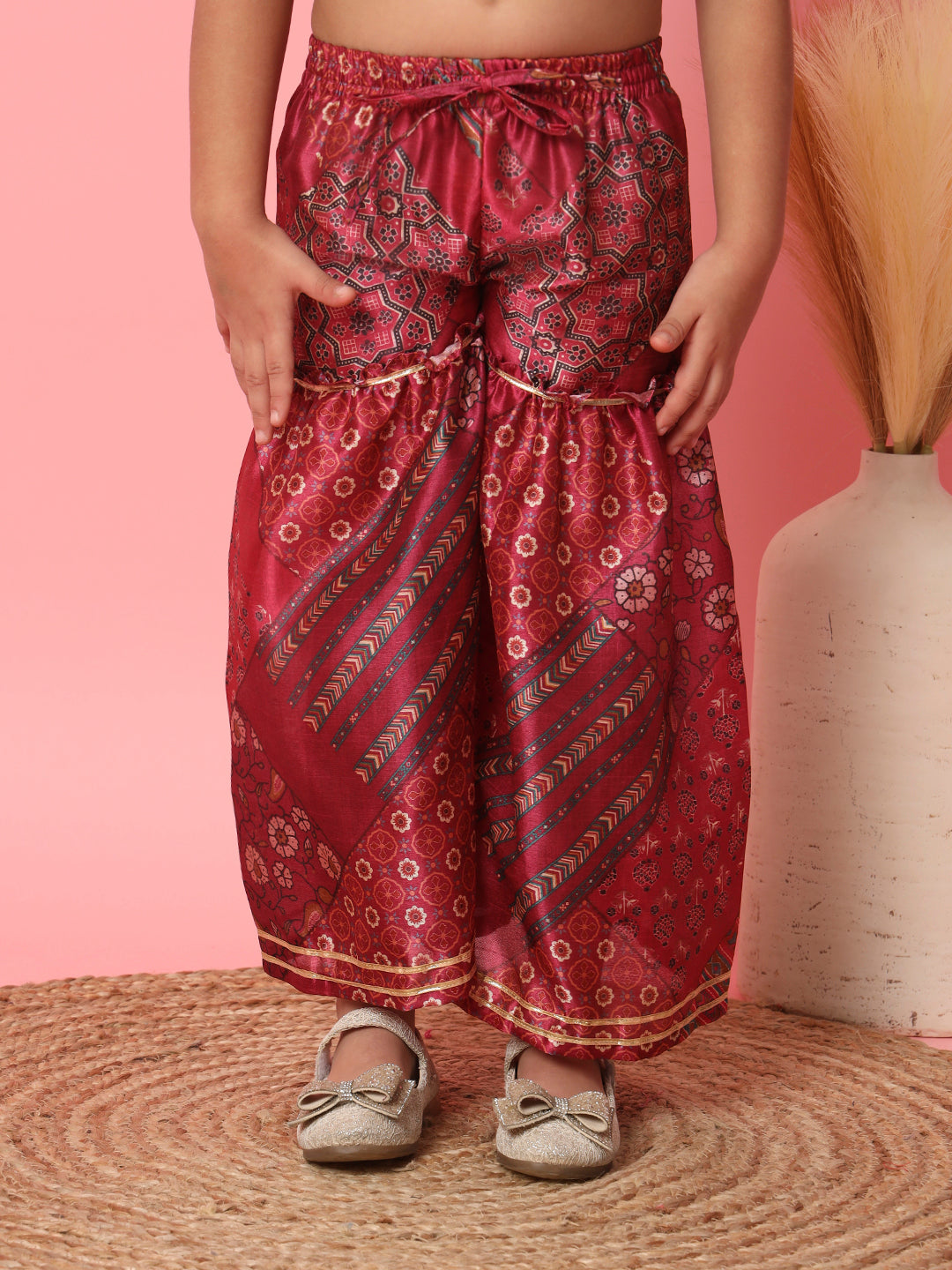 Girls Frock Style Art Silk Fabric Maroon Color Floral Printed Kurti And Sharara With Gotta Lace Work - Image 5