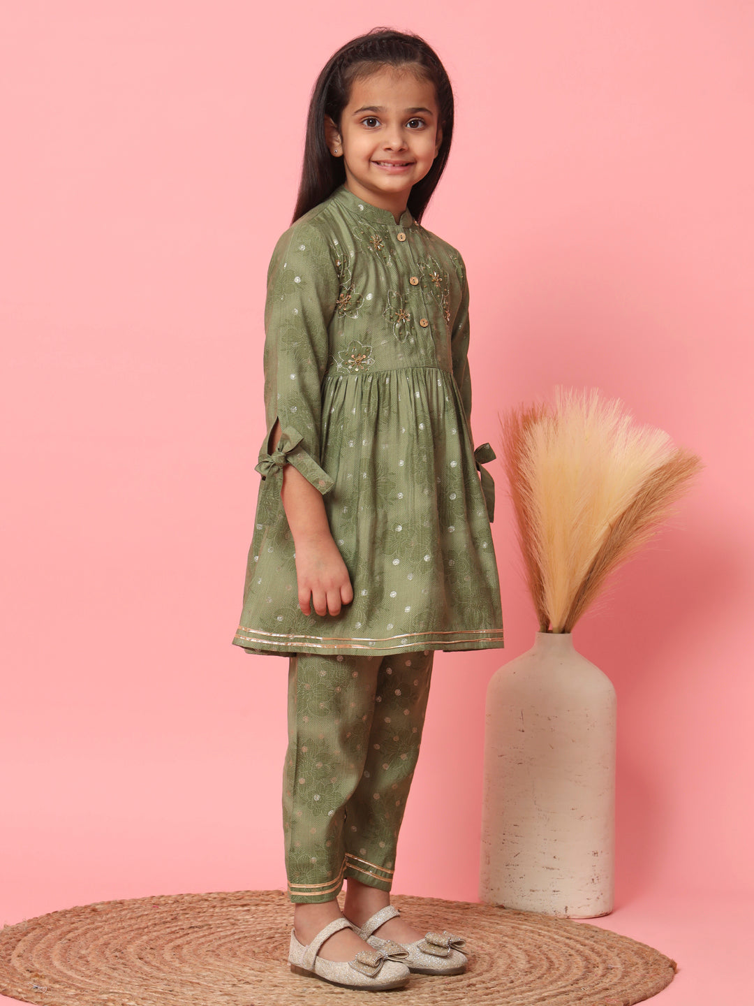 Girls Frock Style Cotton Fabric Green Color Floral Printed Kurti And Pyjama With Gotta Lace And Zari Work Work - Image 2