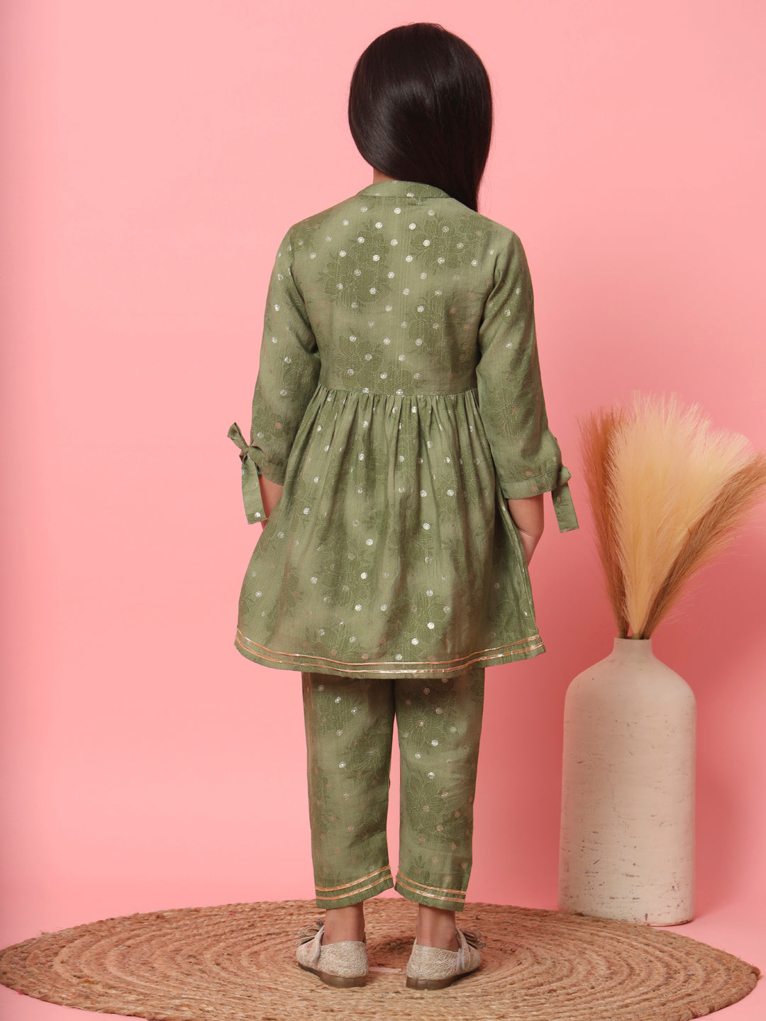 Girls Frock Style Cotton Fabric Green Color Floral Printed Kurti And Pyjama With Gotta Lace And Zari Work Work - Image 3