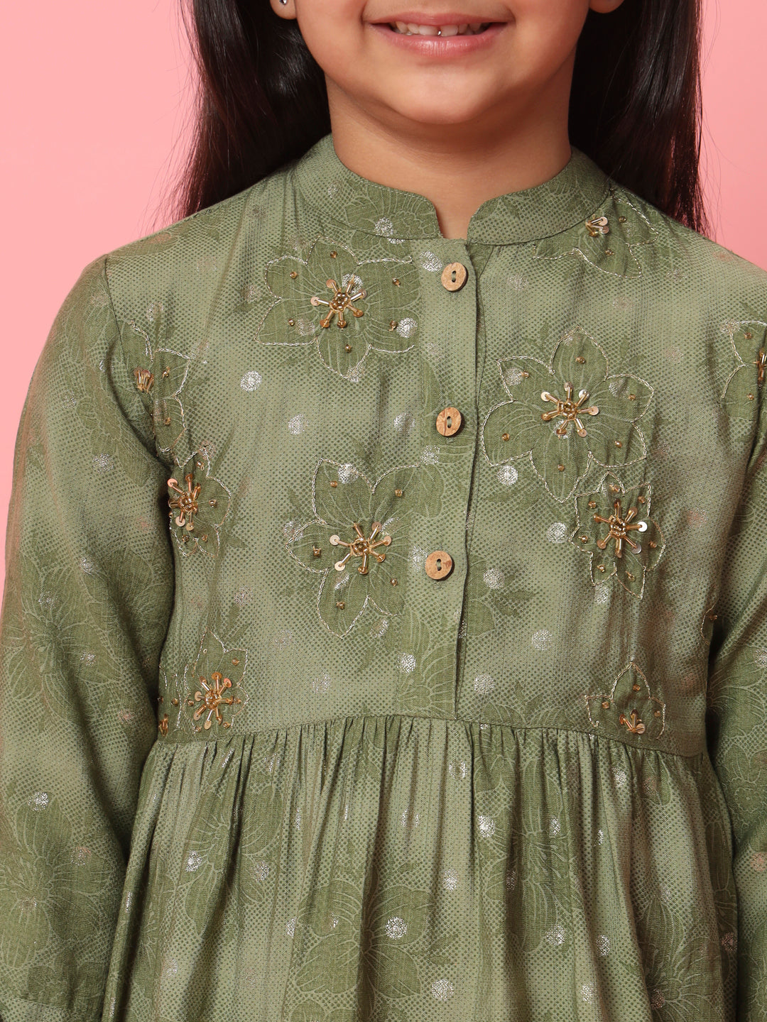 Girls Frock Style Cotton Fabric Green Color Floral Printed Kurti And Pyjama With Gotta Lace And Zari Work Work - Image 4