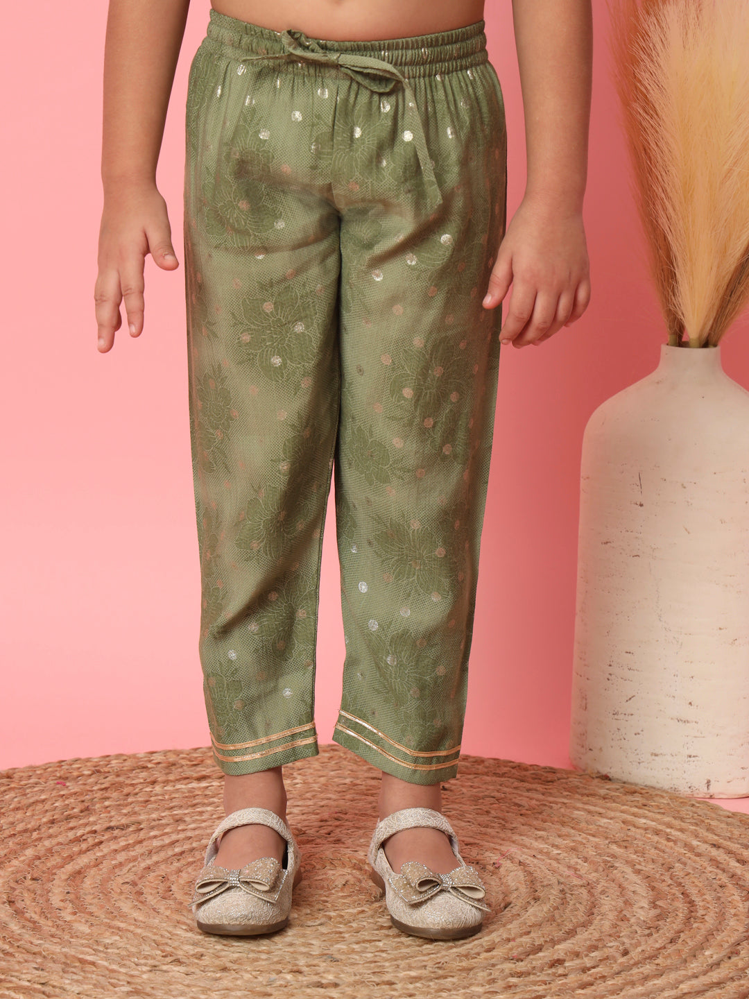 Girls Frock Style Cotton Fabric Green Color Floral Printed Kurti And Pyjama With Gotta Lace And Zari Work Work - Image 5