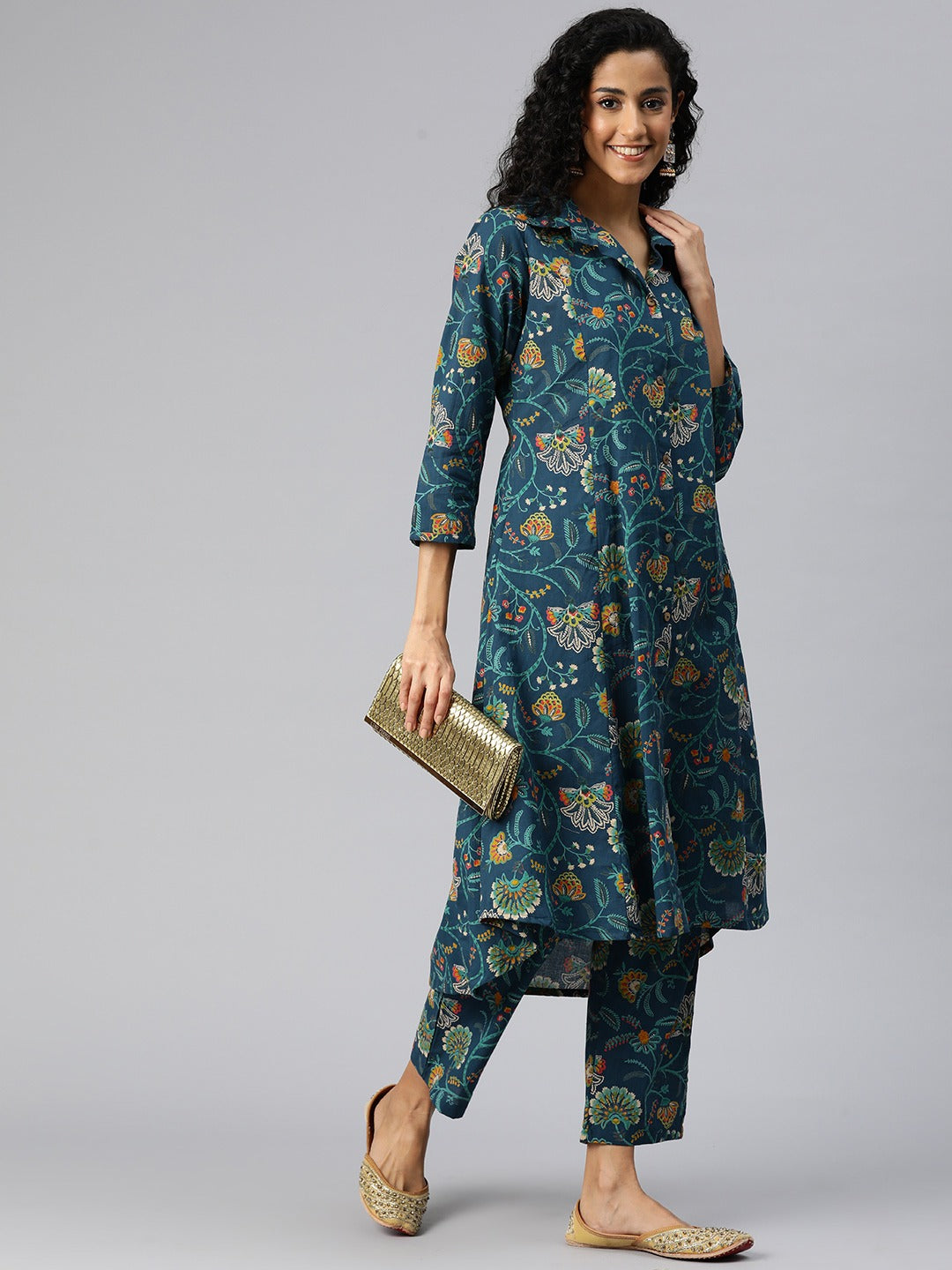 A Line Style Cotton Fabric Blue Color Kurta And Bottom - Image 3