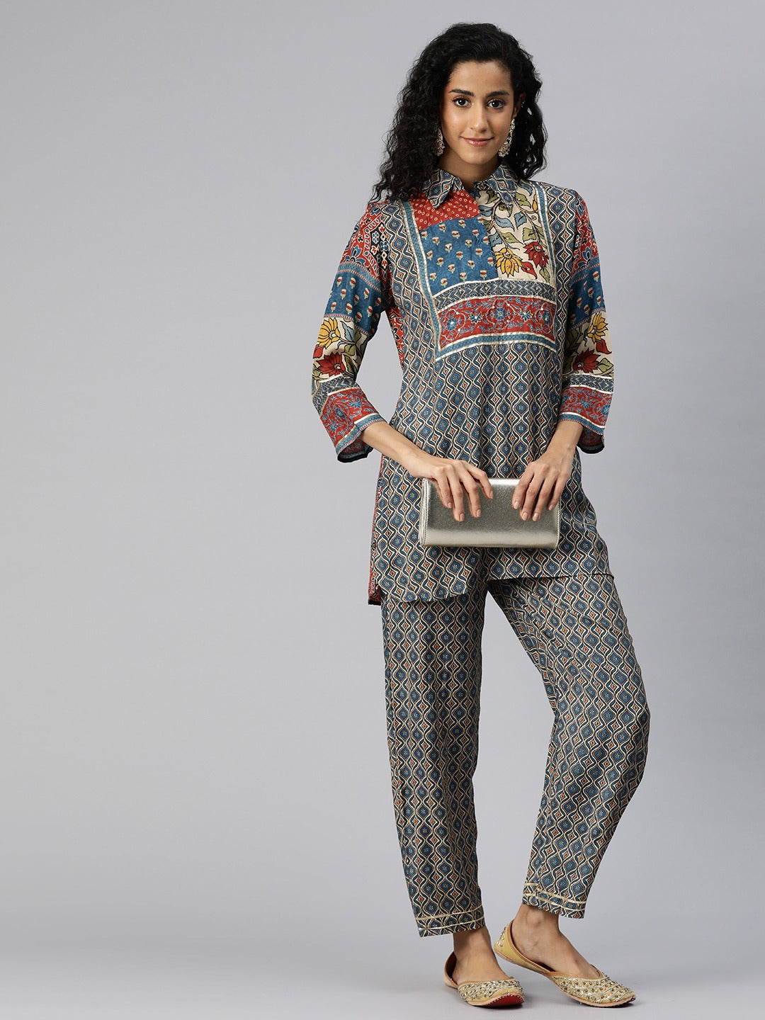Straight Style Silk Fabric Blue Color Co-Ord Set - Image 2