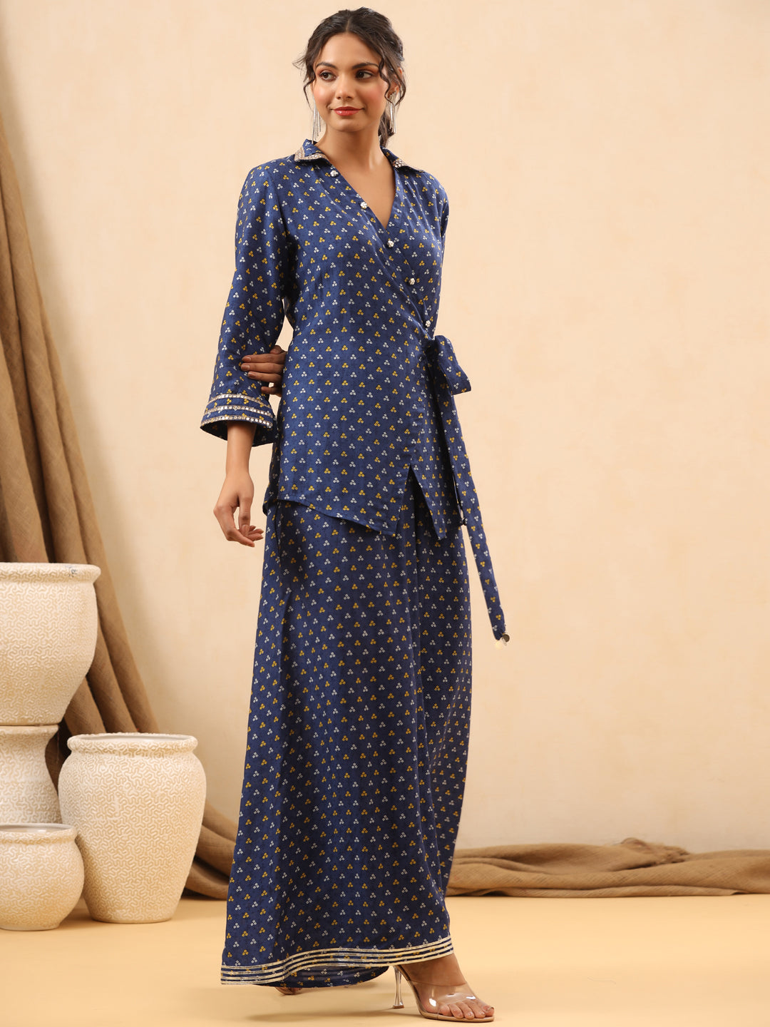 A Line Style Silk Fabric Blue Color Co-Ord Set - Image 3