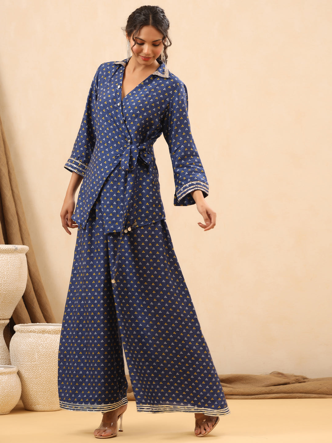 A Line Style Silk Fabric Blue Color Co-Ord Set - Image 4