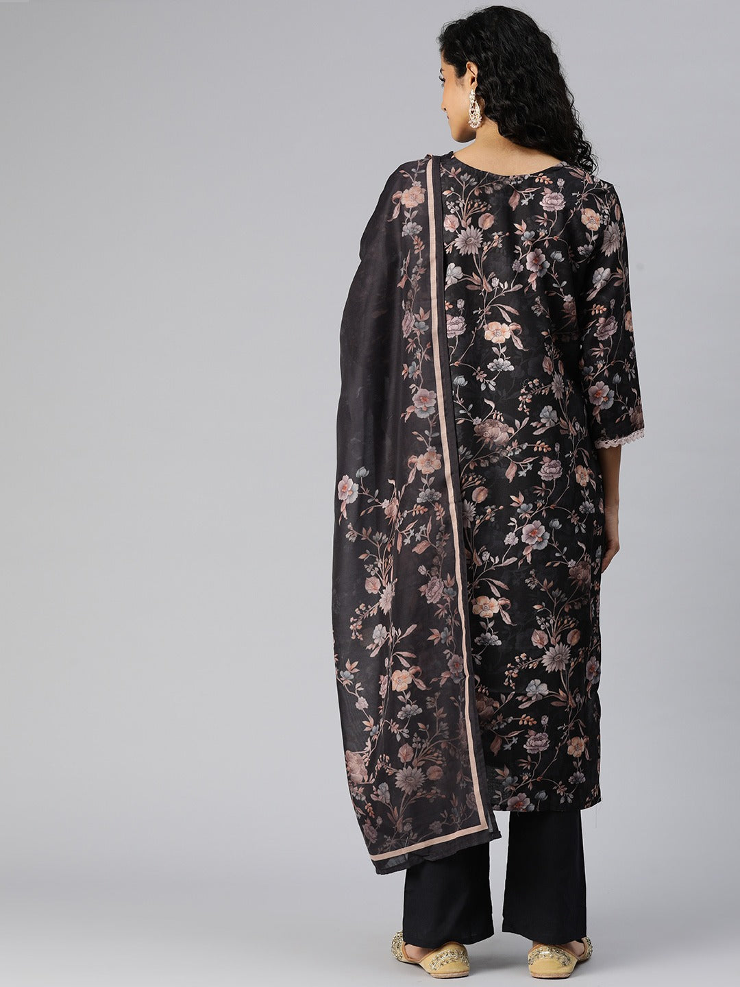 Straight Style Cotton Fabric Black Color Kurta And Bottom With Dupatta - Image 4