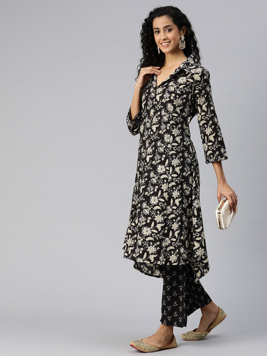 A Line Style Cotton Fabric Black Color Kurta And Bottom - Image 2