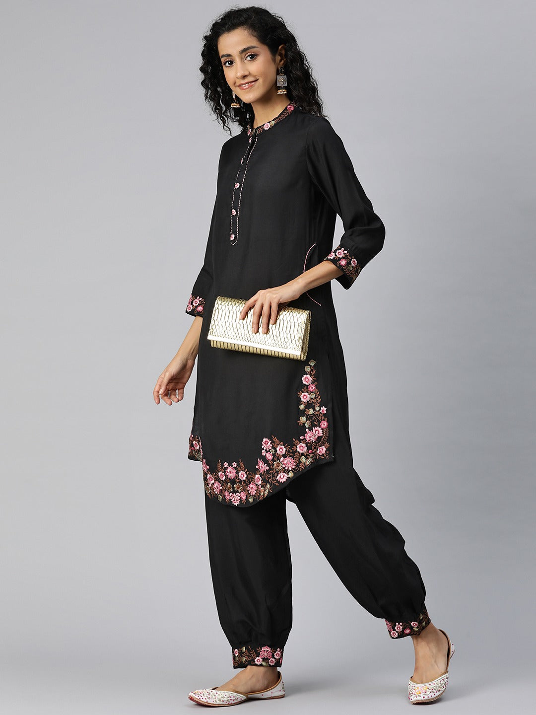 Straight Style Silk Fabric Black Color Kurta And Bottom - Image 2