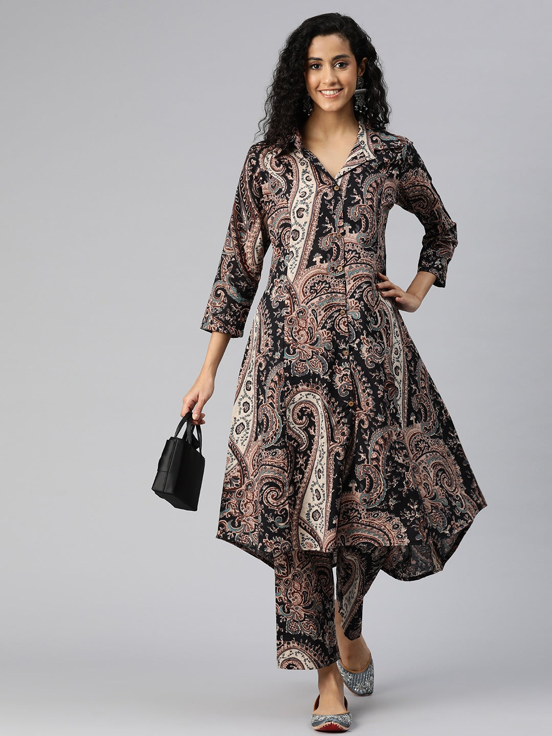 A Line Style Cotton Fabric Black Color Co-Ord Set - Image 2