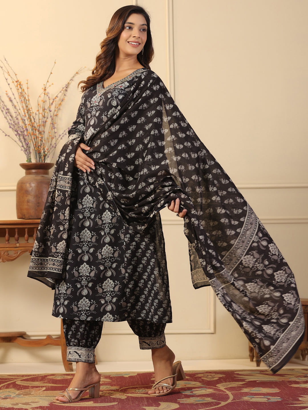 Straight Style Cotton Fabric Black Color Kurta And Bottom With Dupatta - Image 3