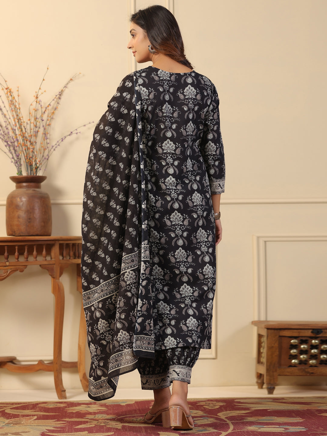 Straight Style Cotton Fabric Black Color Kurta And Bottom With Dupatta - Image 2