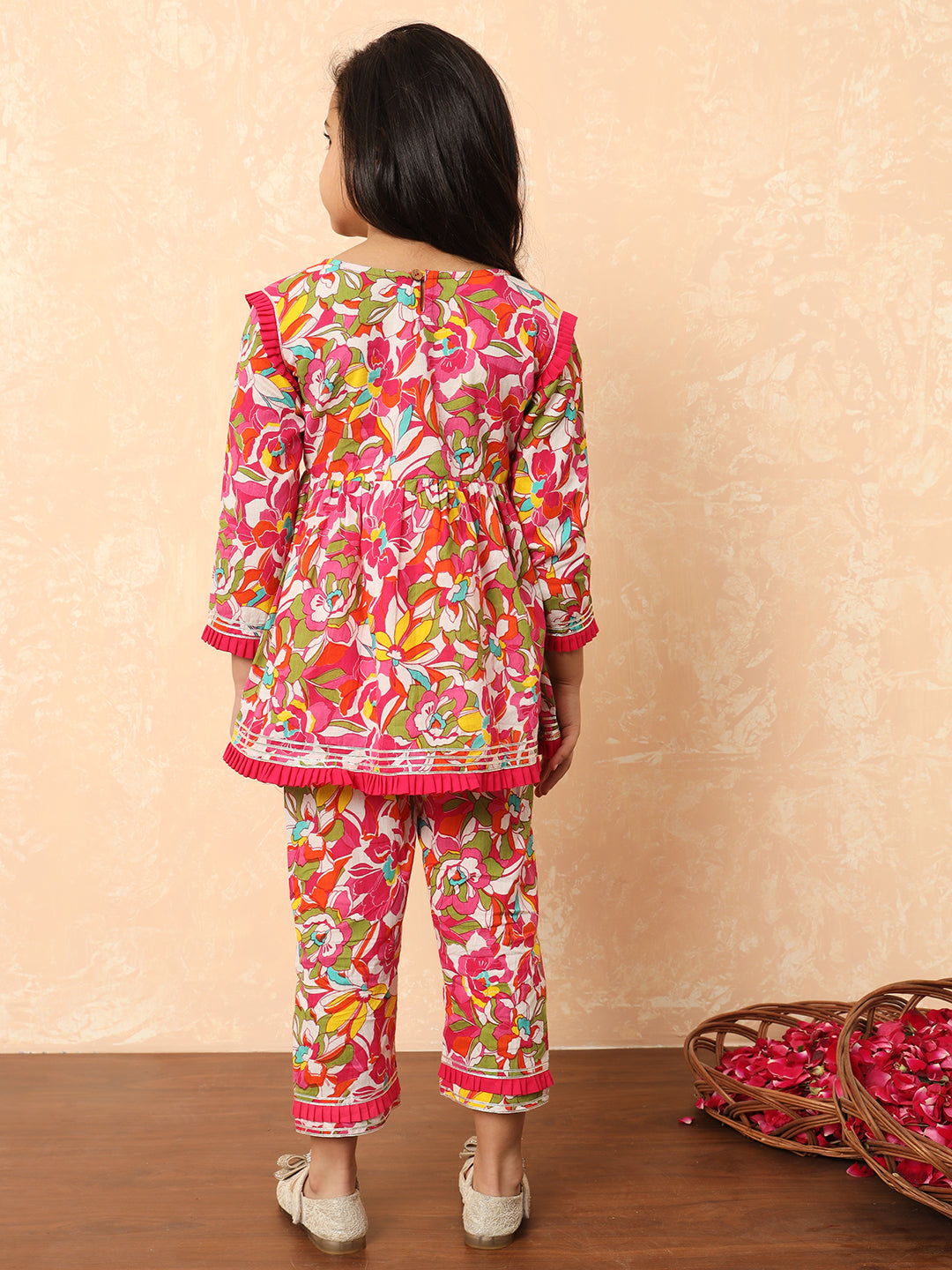 Girls Frock Style Cotton Fabric Pink Color Printed Kurti And Pyjamas With Mirror And Zari Work - Image 3