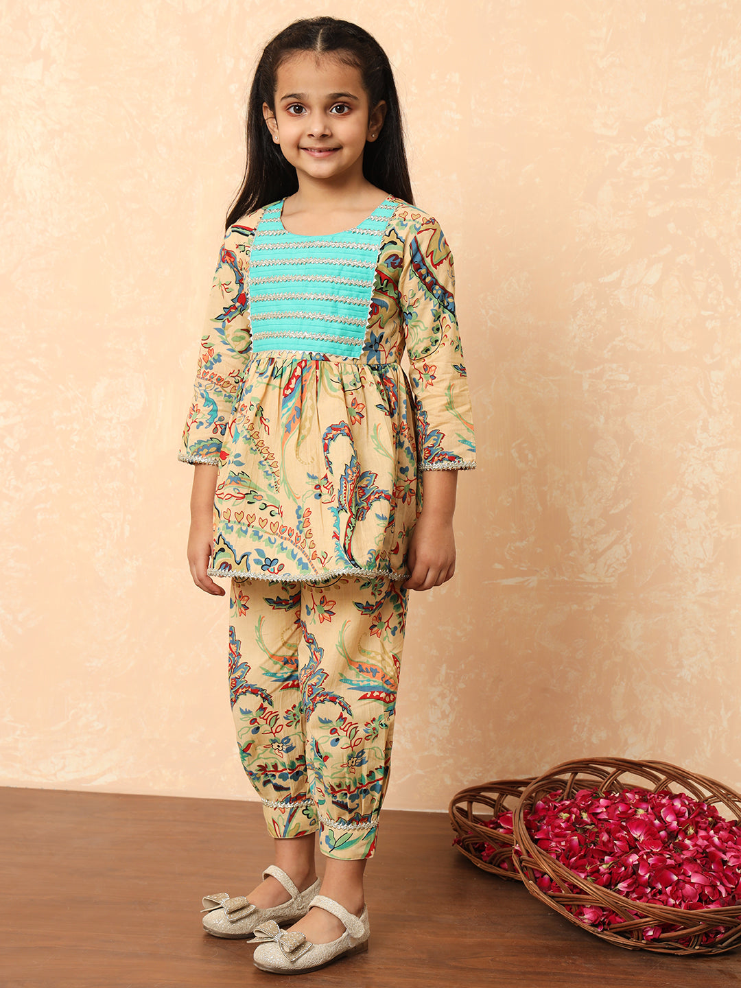 Girls Frock Style Cotton Fabric Beige Color Printed Kurti And Heram With Gotta Lace Work - Image 2