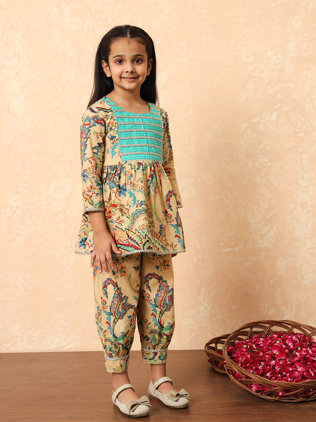 Girls Frock Style Cotton Fabric Beige Color Printed Kurti And Heram With Gotta Lace Work - Image 3