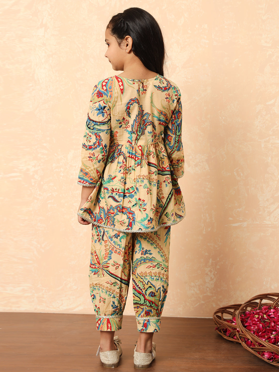 Girls Frock Style Cotton Fabric Beige Color Printed Kurti And Heram With Gotta Lace Work - Image 4