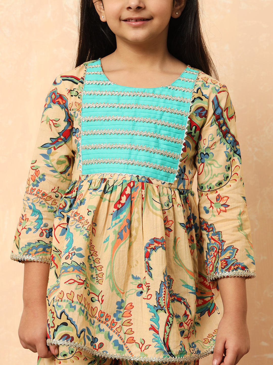 Girls Frock Style Cotton Fabric Beige Color Printed Kurti And Heram With Gotta Lace Work - Image 5