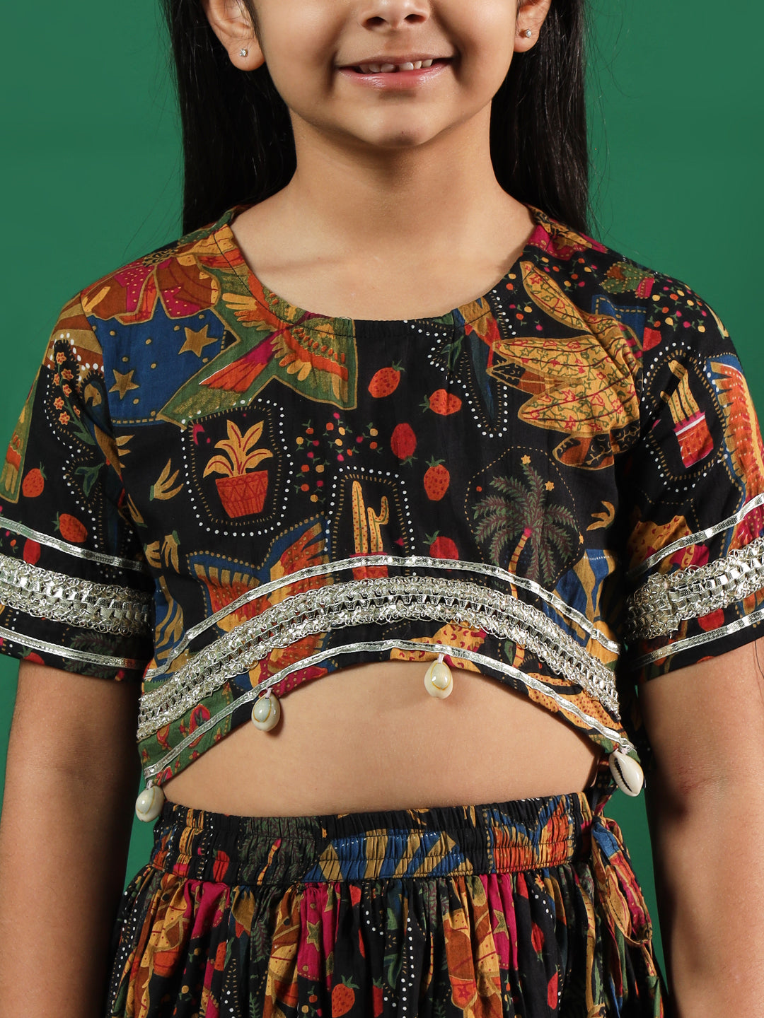 Straight Style Cotton Fabric Black Color Printed Lehenga & Choli With Dupatta In Gotta Lace Work - Image 4