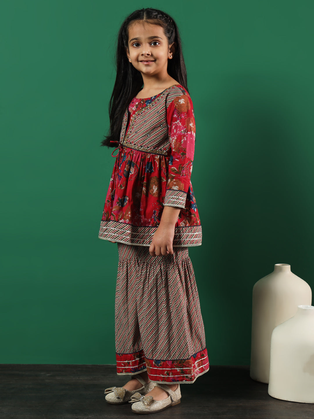 Frock Style Cotton Fabric Pink Color Printed Kurti And Sharara With Cut Dana, Gotta Work - Image 2