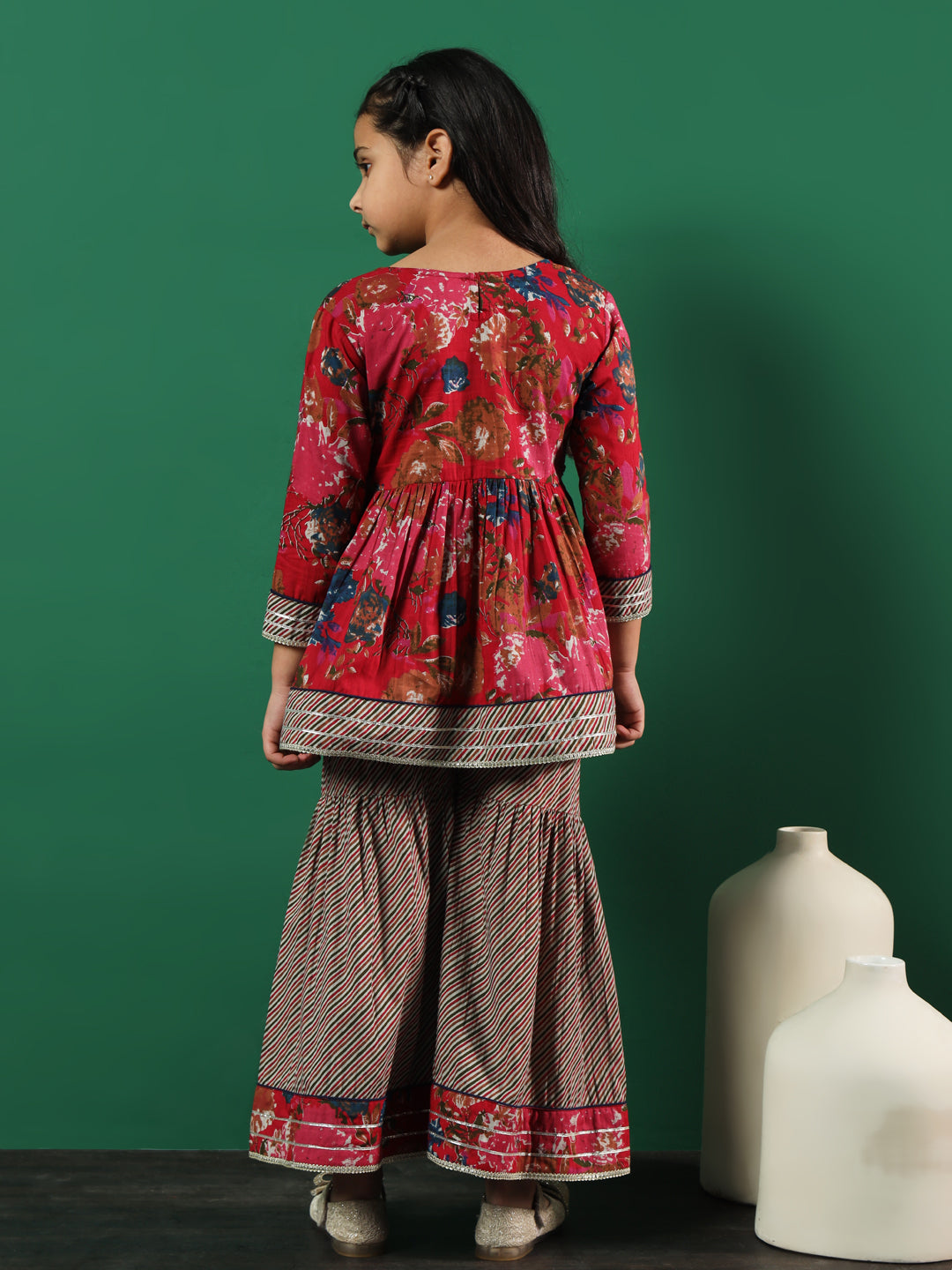 Frock Style Cotton Fabric Pink Color Printed Kurti And Sharara With Cut Dana, Gotta Work - Image 3
