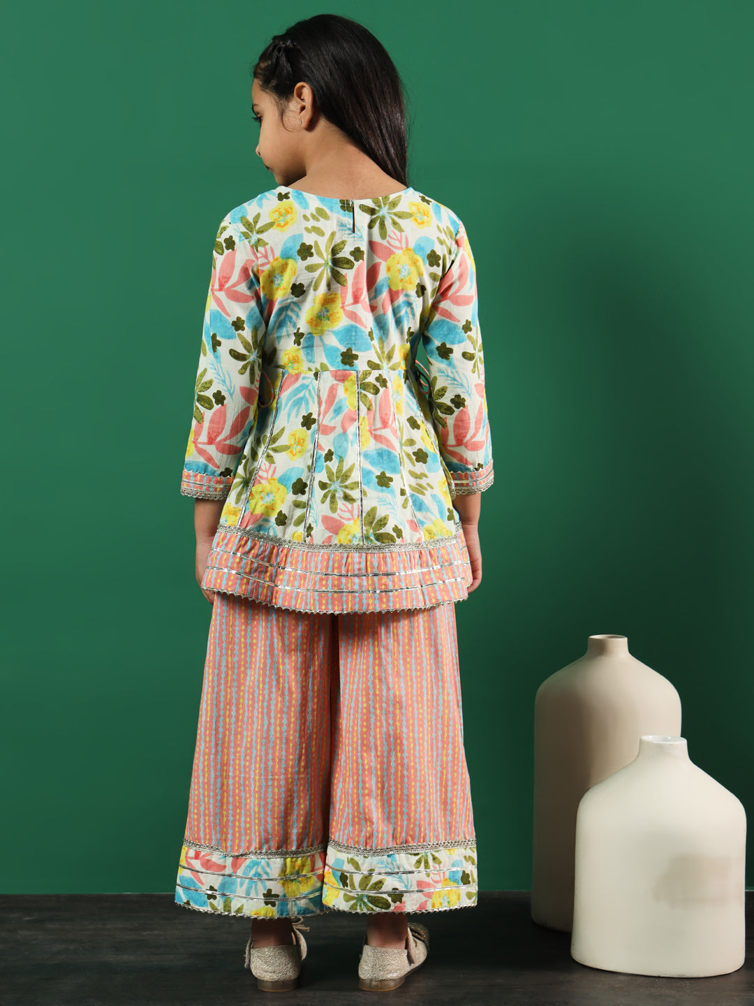 Frock Style Cotton Fabric Peach Color Floral Printed Kurti And Palazzo In Gotta Lace Work With Dupatta - Image 3