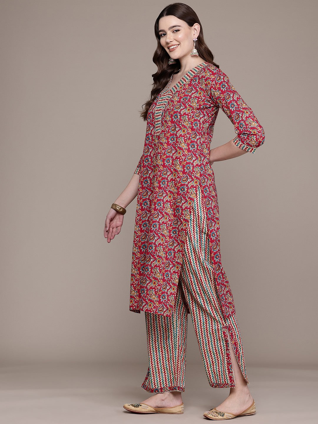 Straight Style Cotton Fabric Red Colour Kurta And Bottom With Dupatta - Image 4