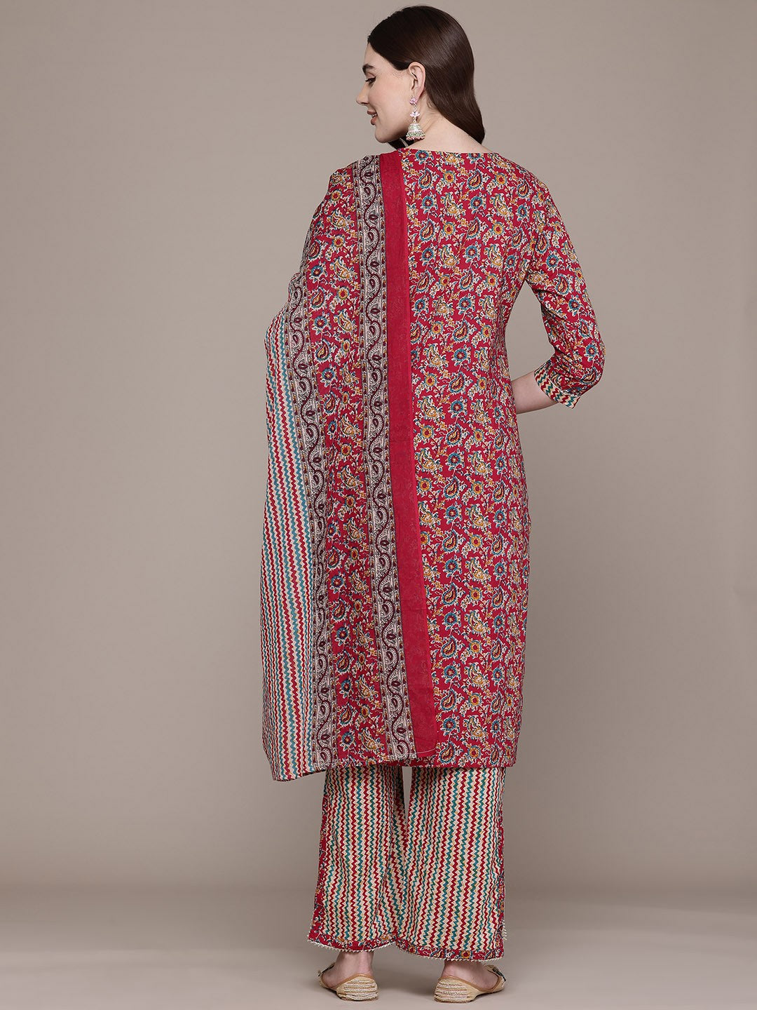 Straight Style Cotton Fabric Red Colour Kurta And Bottom With Dupatta - Image 5