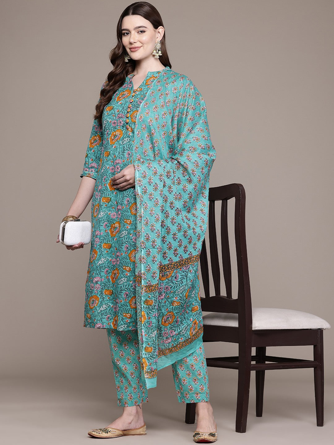Straight Style Cotton Fabric Sea Green Colour Kurta And Bottom With Dupatta - Image 3