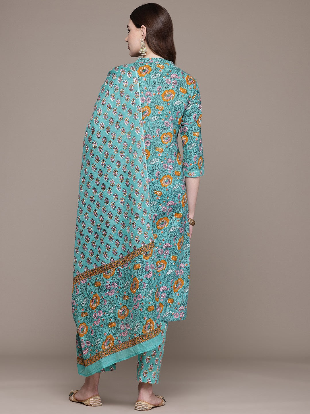 Straight Style Cotton Fabric Sea Green Colour Kurta And Bottom With Dupatta - Image 5