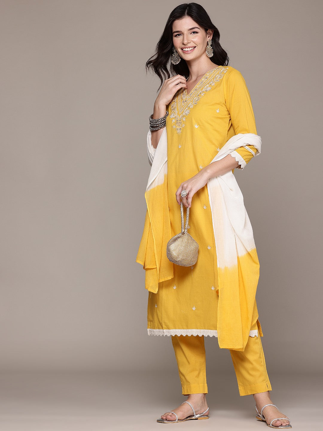 Straight Style Cotton Fabric Yellow Color Kurta And Bottom With Dupatta - Image 3