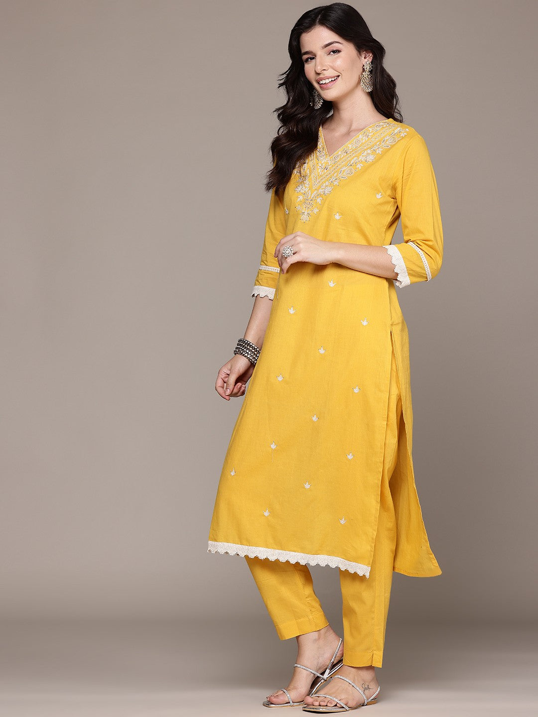 Straight Style Cotton Fabric Yellow Color Kurta And Bottom With Dupatta - Image 4
