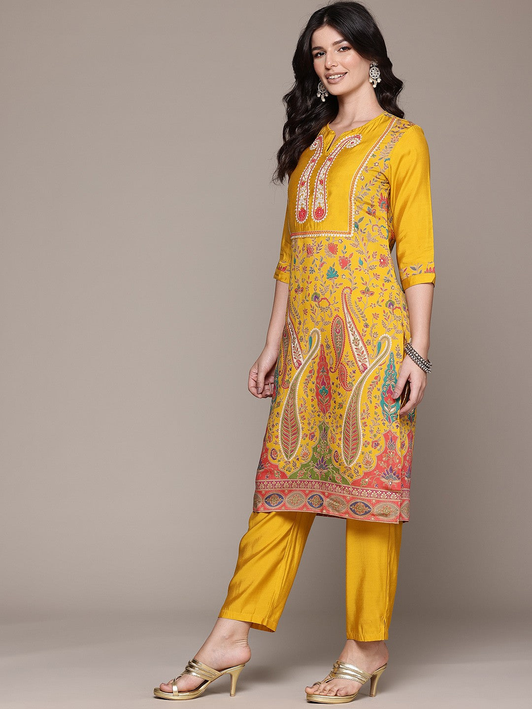 Straight Style Silk Fabric Mustard Color Kurta With Bottom - Image 3