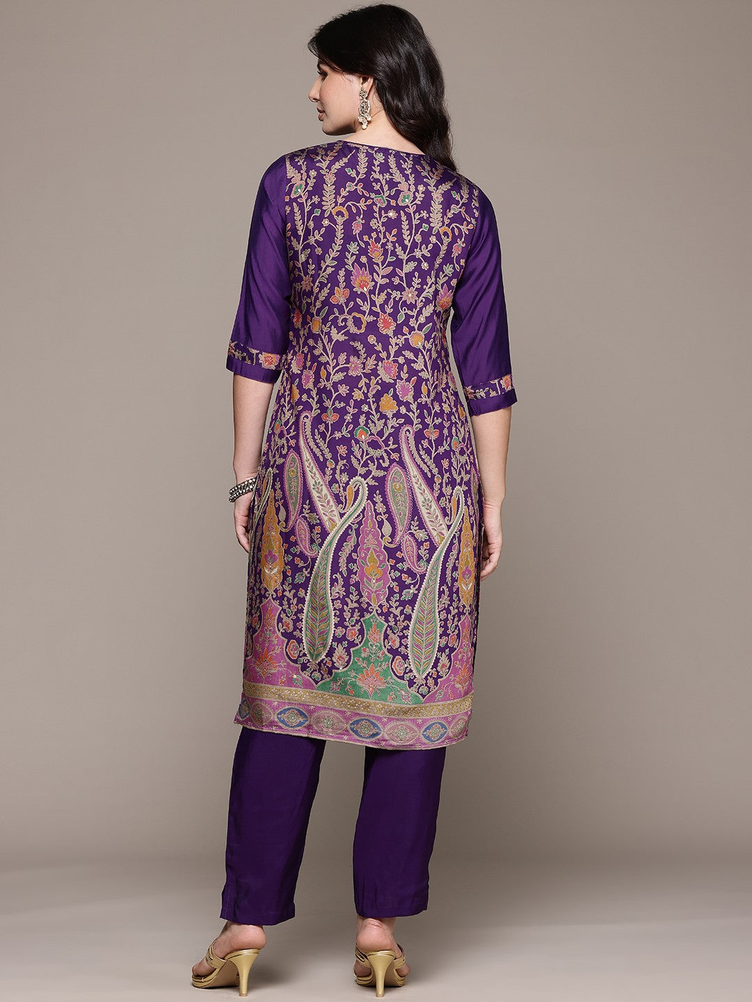 Straight Style Silk Fabric Violet Color Kurta With Bottom - Image 5