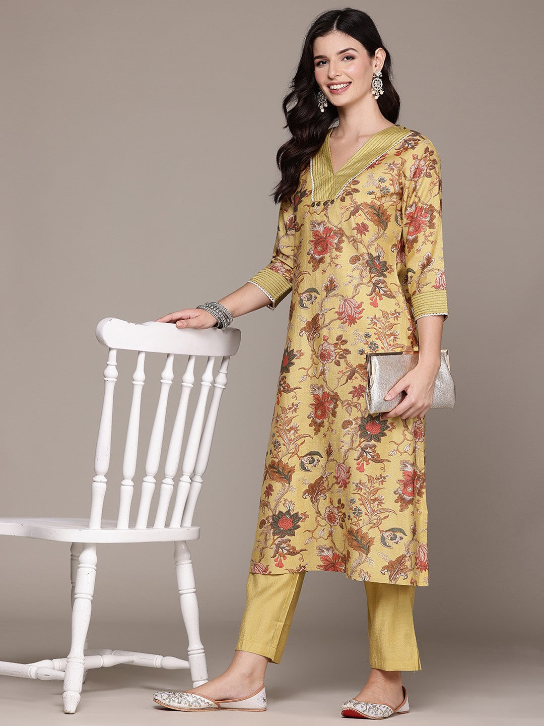 Straight Style Silk Fabric Mustard Color Kurta With Bottom - Image 3