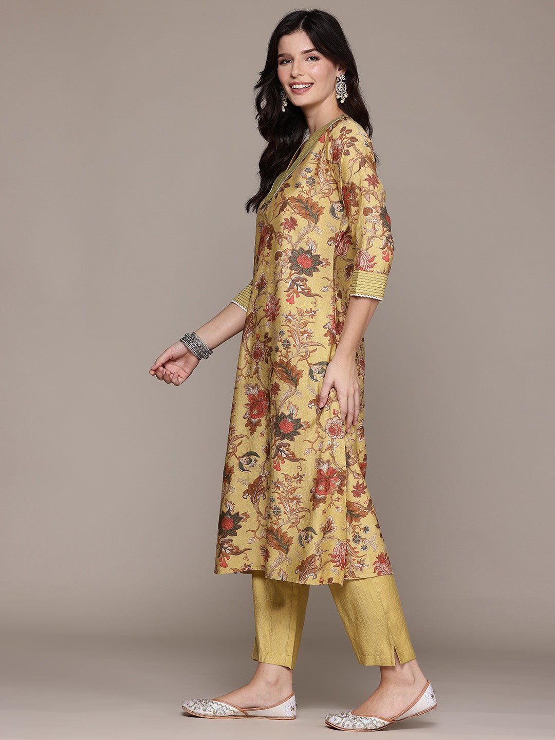 Straight Style Silk Fabric Mustard Color Kurta With Bottom - Image 4