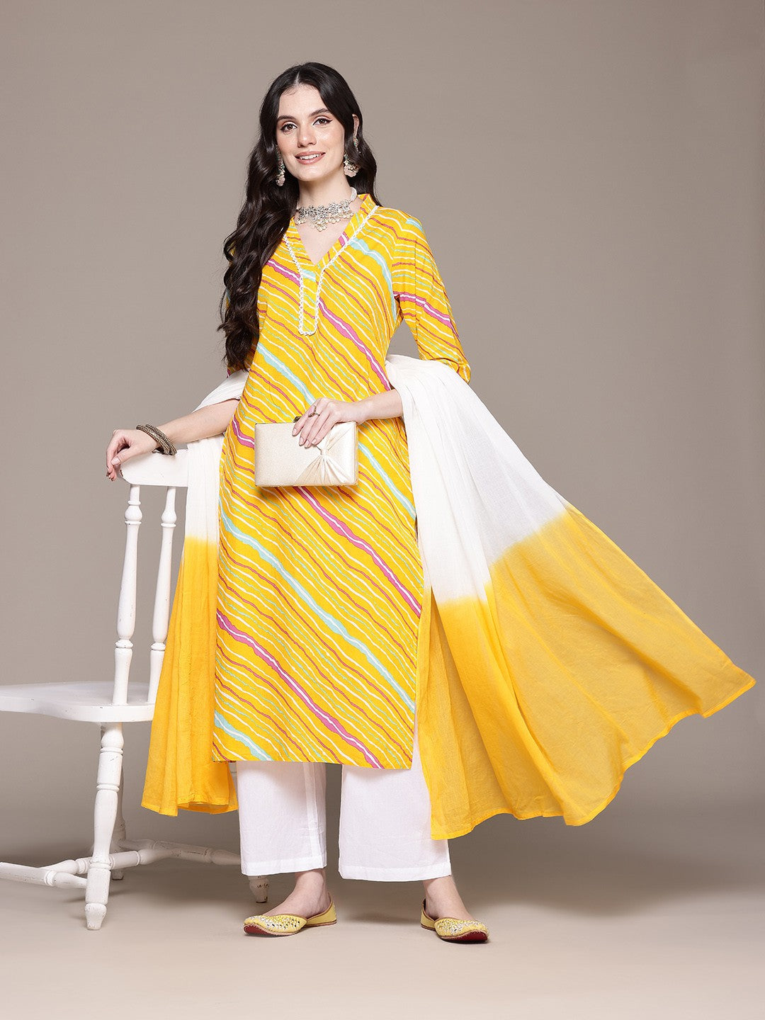 Straight Style Cotton Fabric Yellow Color Kurta With Bottom And Dupatta - Image 3